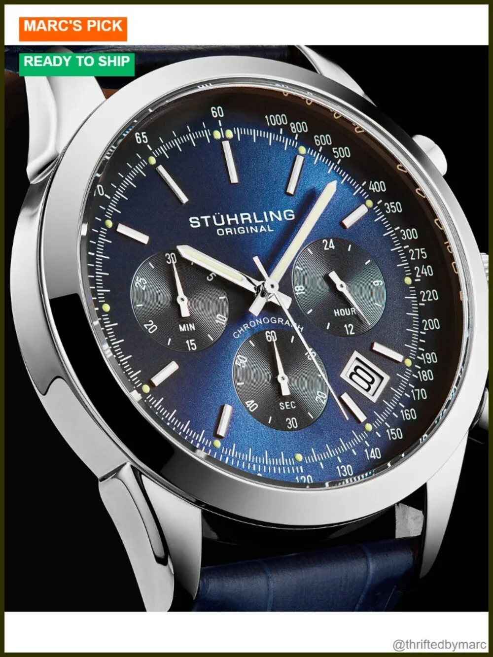 Men's Chronograph Watch – Stainless Steel Case, Leather Band, Blue Dial, Quartz